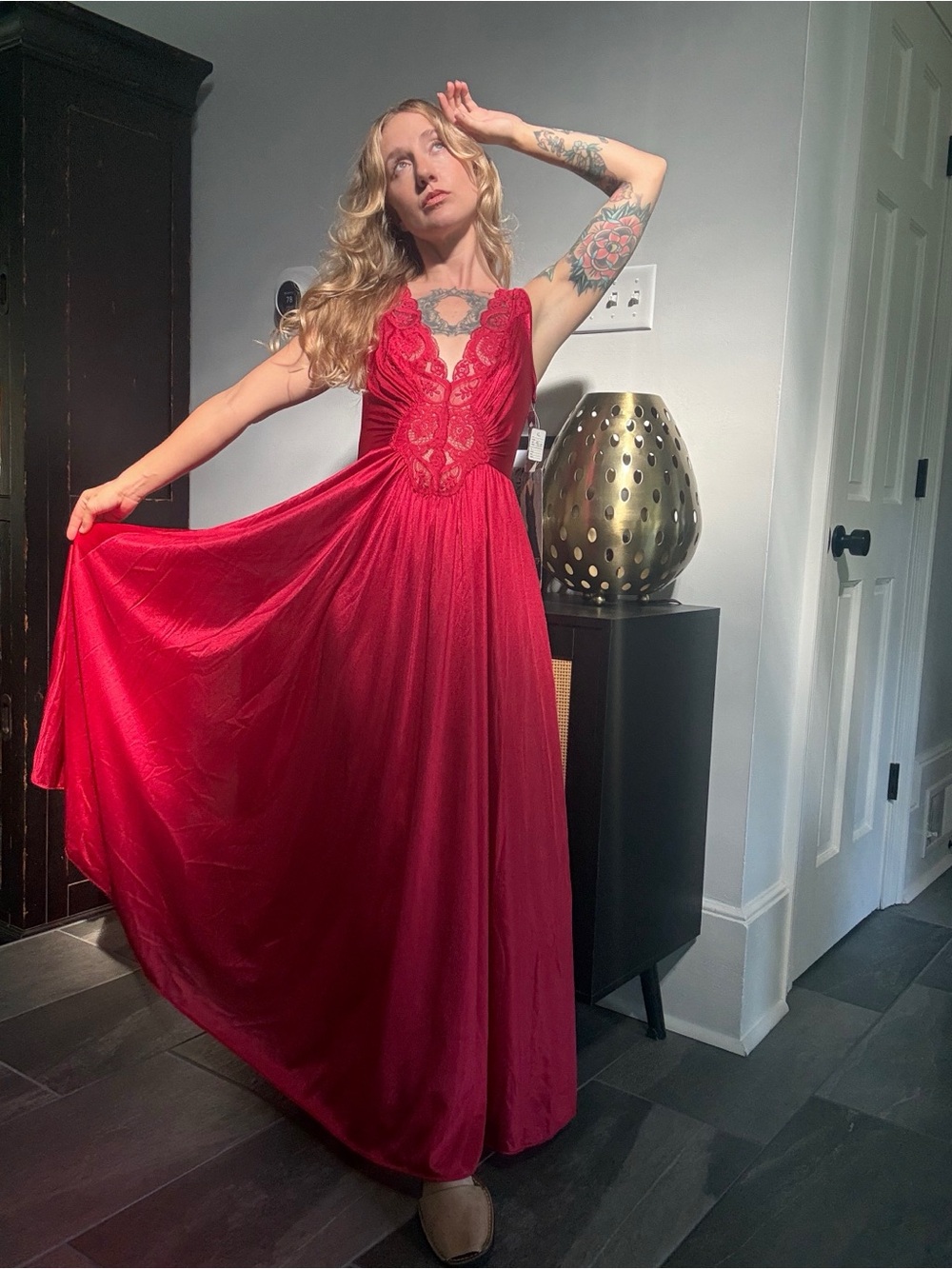 Olga Red Lace-Front Maxi Dress 1980s 92280 medium